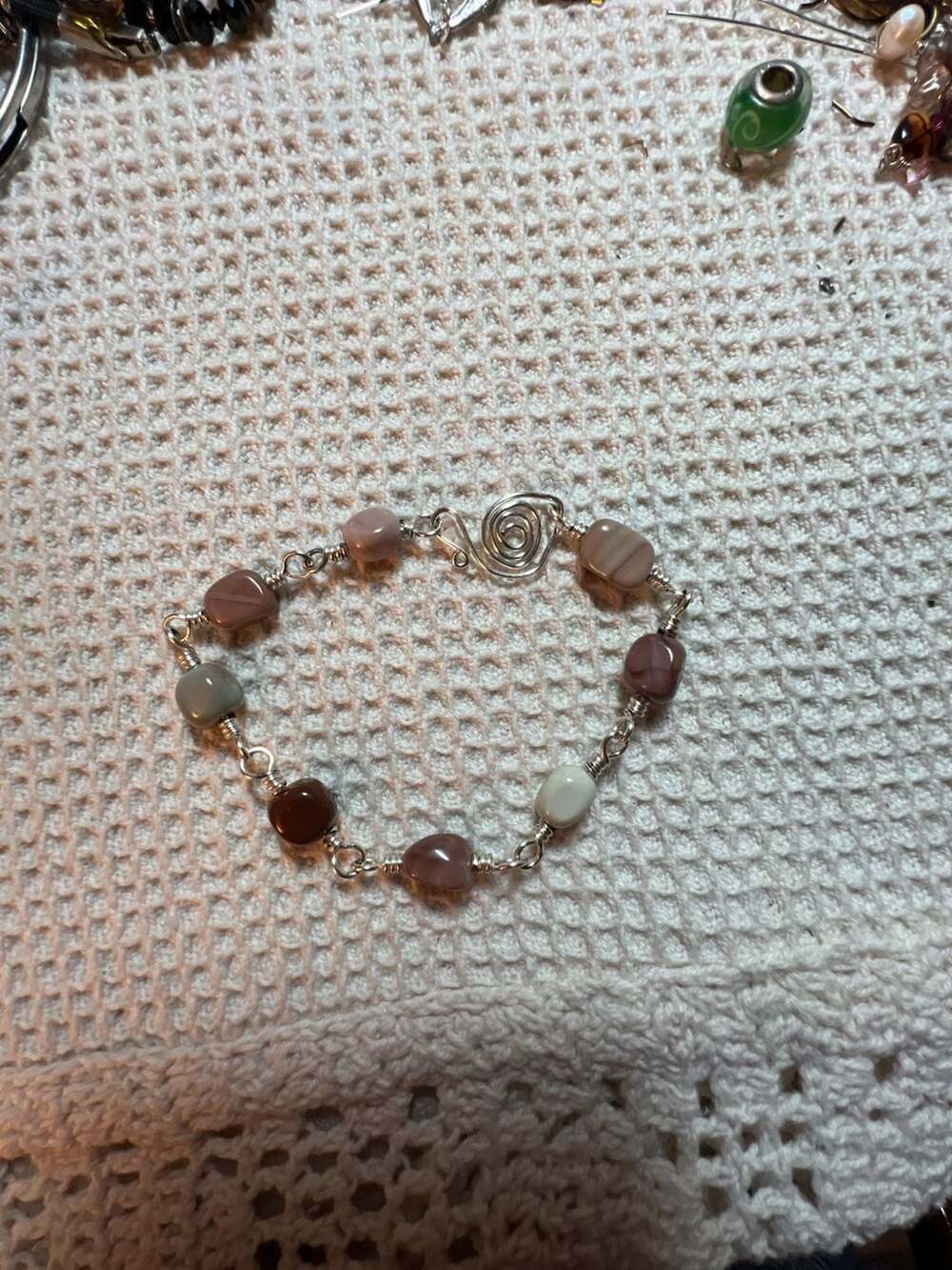 Handmade Multi Stone Link Bracelet Silver Tone Natural Gemstones